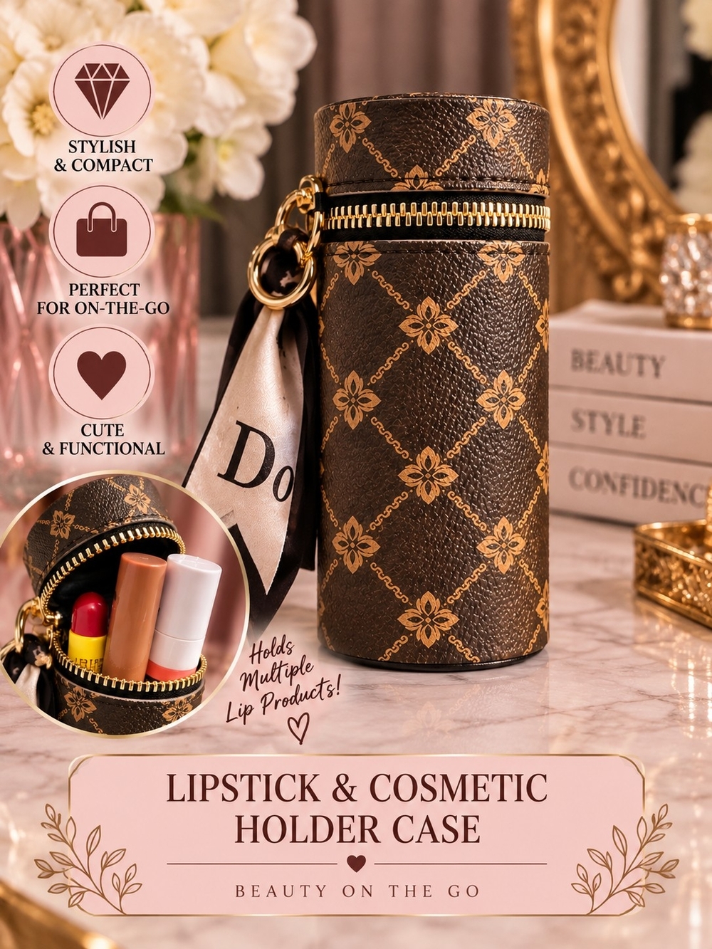 Brown Floral Lipstick & Cosmetic Holder Case with Gold Zipper 🤎✨
